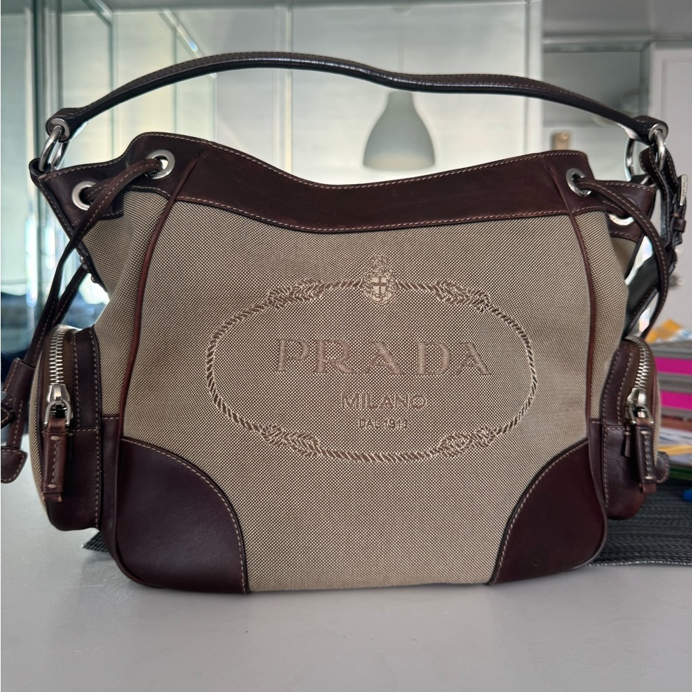 Authentic Prada shoulder bag, Canapa logo, Jaquard canvas